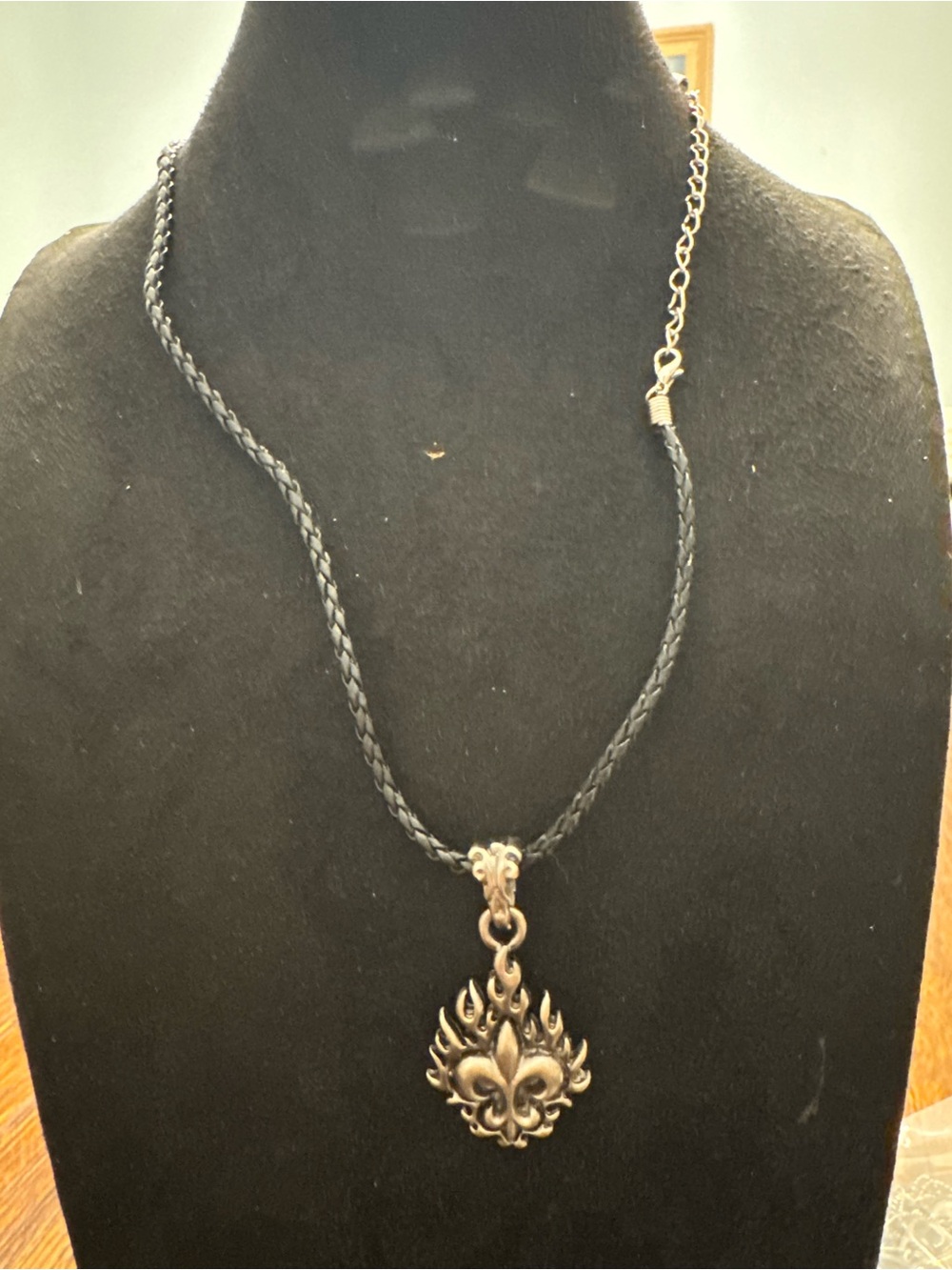 Fleur de Lis Flame Pendant Necklace Black Braided Cord Gothic Biker Unisex